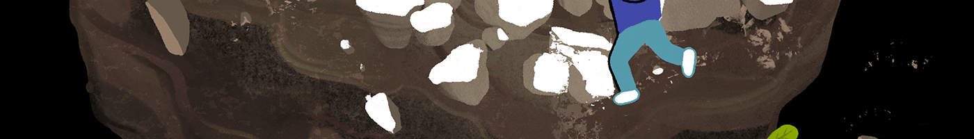 A child holds on to the edge of a cliff, their legs shaking.